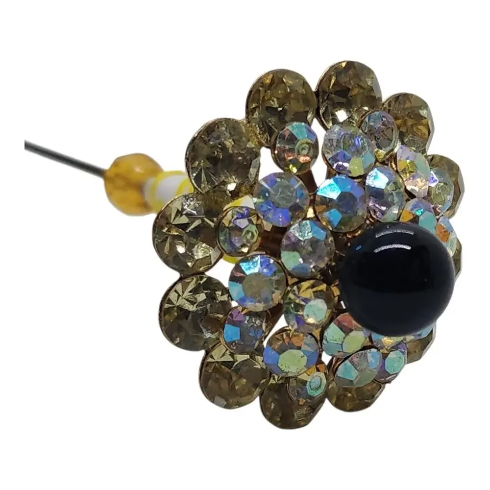 Vintage Rhinestone Stick Pin AB Crystal Black Bead Art Glass Hat Pin Estate